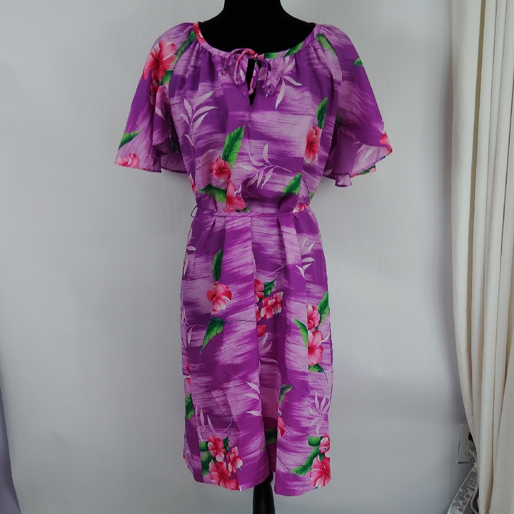 Purple Floral Short-Sleeve Midi Dress